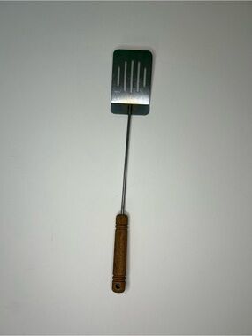 Vintage 80s Long Wood Handle Stainless Steel Slotted BBQ Spatula